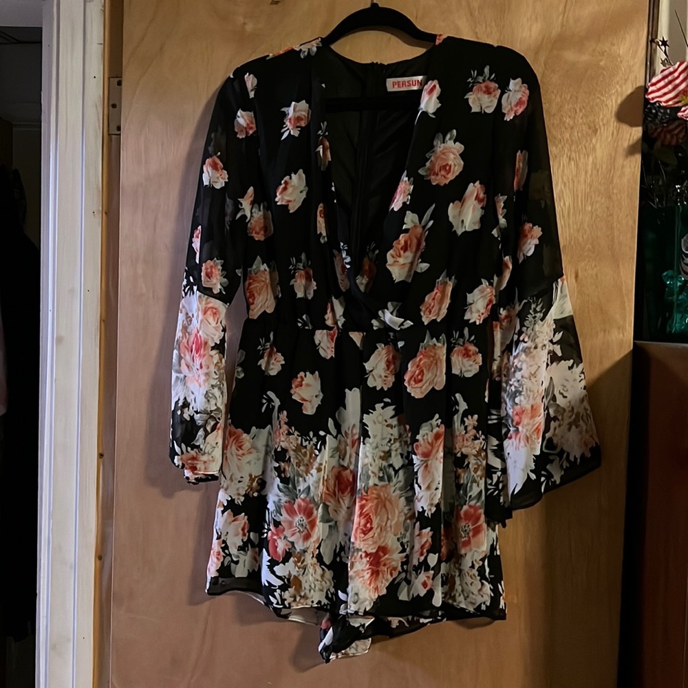 Persun XL black floral romper with deep vneck and sheer bell sleeves